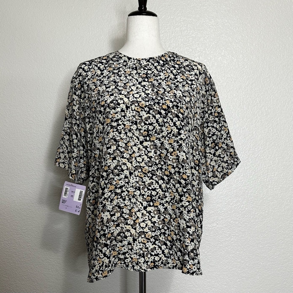 NWT Nordstrom S.L.B by Sunny Leigh 100% Silk Floral Blouse, Sz Large